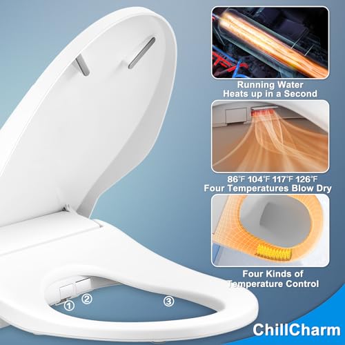 ChillCharm Electric Bidet Smart Toilet Seat Auto Open and Close Lid, Elongated Heated Toilet Seat, Adjustable Warm Water and Air Dryer,Oscillating and Pulsating Spray Wash LED Nightlight,White