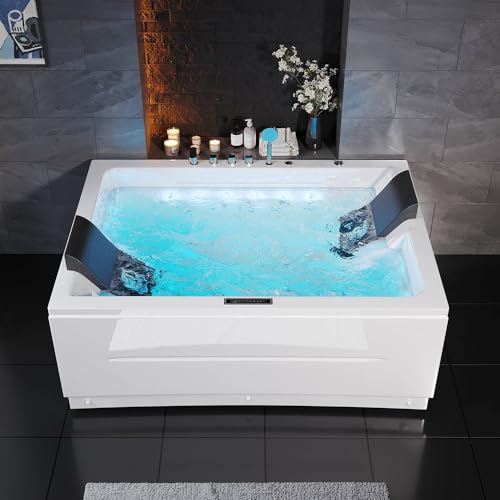 Weibath Whirlpool Bathtub 2 Person Jetted Bathtub 71" Massage Whirlpool Tub with 18 Water Jets+20 Air Jets,3 Sided Apron White Chromatherapy LED Jet Tub