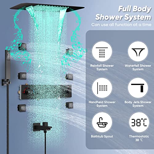 Doozoler Thermostatic Shower System, Full Body shower syetem with Body Jets, 23 Inch Rainfall Waterfall Overhead Shower System in Matte Black