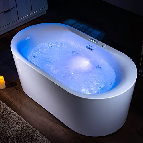 WOODBRIDGE 59" x 31-1/2" Whirlpool Water Jetted and Air Bubble Freestanding Heated Soaking Combination Bathtub with LED control panel, BJ100, White