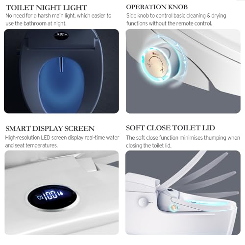 XCQQ Smart Bidet Toilet Seat,Wireless Remote Control,Unlimited Warm Water,Soft Close Toilet Lid,Electronic Heated,Display Screen,Vortex Wash,Warm Air Dryer,Rear and Front Wash,LED Night Light