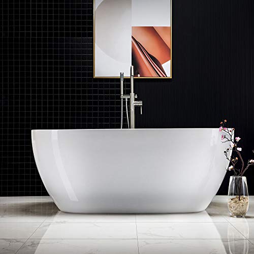 WOODBRIDGE 59"Freestanding White Acylic Soaking Bathtub with Brushed Nickel Drain and Overflow,BTA1518 -B/N-Drain &O