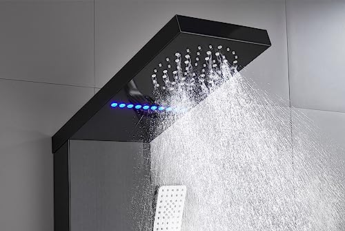ELLO&ALLO Shower Panel System Tower, LED Rainfall and Mist Head Rain Massage Stainless Steel Bathroom Fixtures with LED Body Jets, Brushed Black