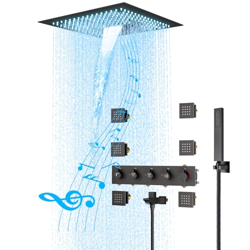 Thermostatic Rain Shower System, BZXYN Luxury Multi Shower Head System with Body Jets, 16" Ceiling Full Body Rainfall Waterfall Shower System with Handheld and Tub Spout, 64 Colors LED Light, Music