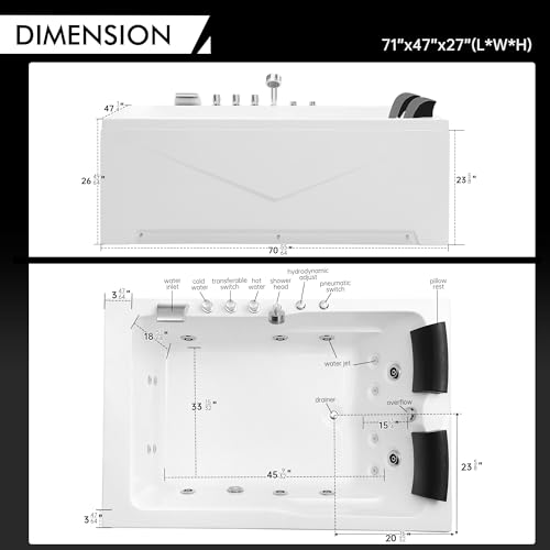Empava Whirlpool Bathtub 71 Inch,2 Person Whirlpool Tubs With 16 Jets,Jetted Bathtub,Acrylic SPA Bath Tub,Hydro Massage Bathtub With Right Drain,3-Side Apron,White
