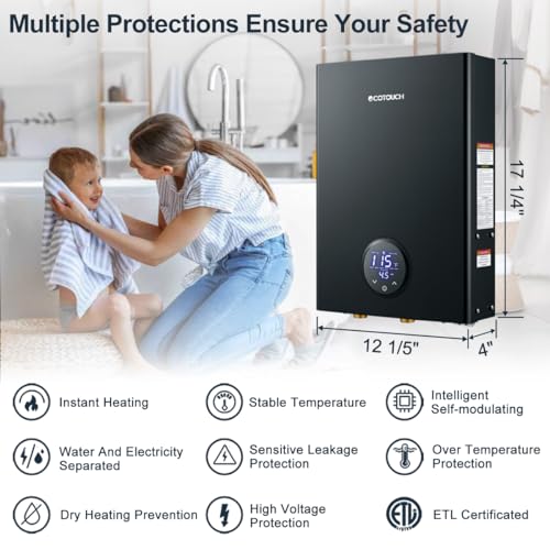 Tankless Hot Water Heater Electric, 240V ECOTOUCH 24kW On Demand Instant Point of Use Endless Smart Water Heater with Self-Modulating to Save Energy for Whole House Shower ECO240 Black