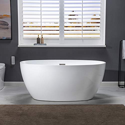 WOODBRIDGE 55" Acrylic Freestanding Bathtub Contemporary Soaking White Tub with Brushed Nickel Overflow and Drain,BTA1418 -B/N-Drain &O