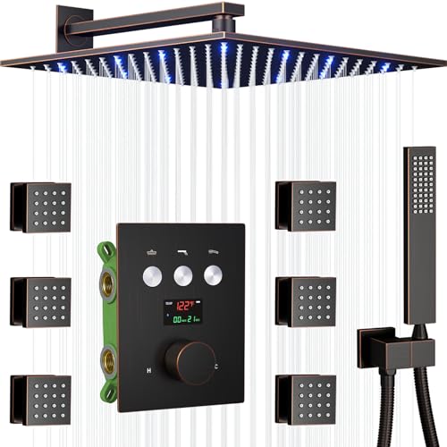 KATAIS Temperature Display Oil Rubbed Bronze Shower Faucet Set LED 12 inch Full Body Rainfall Thermostatic Shower System with 6 PCS Body Jets, Handheld Spray(3 Modes Can Run Together)