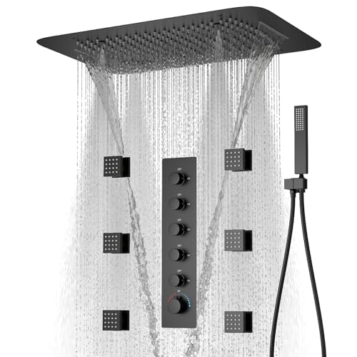WHSHOWER Shower System Matte Black Ceiling Shower Faucet Set with 6PCS Body Jets, 5-Function Bathroom Modern Luxury Thermostatic Shower Fixtures,16*24 Inch Shower Head【All Functions Simultaneous Use】