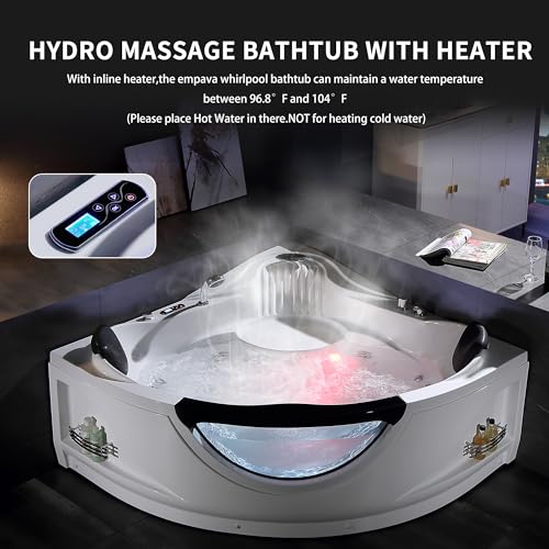 Empava Corner Whirlpool Bathtub with Heater,2 Person Jetted Tub with Light,Spa Hydromassage with Chromatherapy,Acrylic,59 in