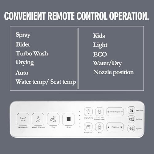 XCQQ Smart Bidet Toilet Seat,Wireless Remote Control,Unlimited Warm Water,Soft Close Toilet Lid,Electronic Heated,Display Screen,Vortex Wash,Warm Air Dryer,Rear and Front Wash,LED Night Light