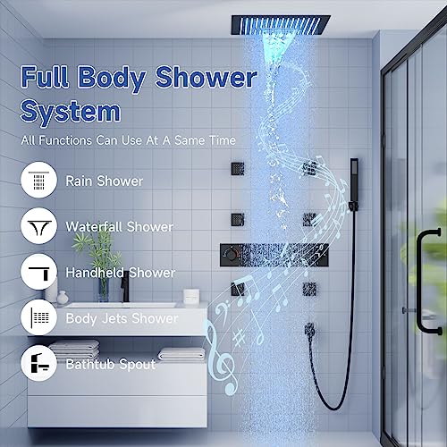 Thermostatic Rain Shower System, BZXYN Luxury Multi Shower Head System with Body Jets, 16" Ceiling Full Body Rainfall Waterfall Shower System with Handheld and Tub Spout, 64 Colors LED Light, Music