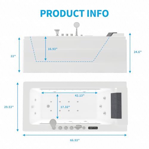 ADOWORE Whirlpool Bathtub, 67" Jetted Tub with Light, Hydro Massage Bathtub with Waterfall, SPA Bathtub with LED Control Panel & Chromatherapy, Whirlpool Tub with Pillow