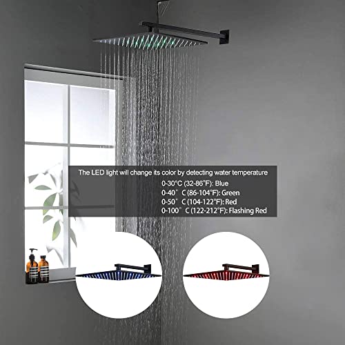 AYIVG Matte Black Shower System with 4PCS Body Jets 12 Inch LED Wall Mounted Rain Shower System Temperature Display Thermostatic Rainfall Shower Faucet Set Combo Can Be Used Simultaneously