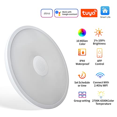 ASALL Smart Waterproof LED Ceiling Light Fixture,11 inch 18W,with Bluetooth Speaker,RGB Color Changing function-2700k-6500k Dimmable Lamp,Tuya Application Control-Compatible with Alexa Google Home