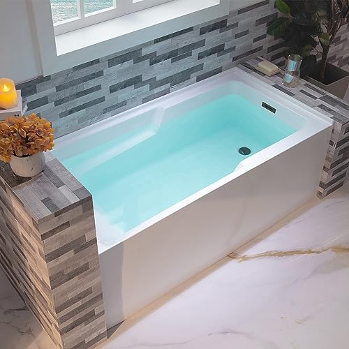WOODBRIDGE 60" Acrylic Rectangular Alcove Soaking Bathtub in White with Right Drain, Matte Black Pop-Up Drain Included BA6030R