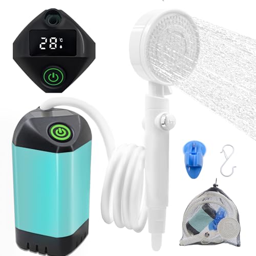 Didumoine Portable Shower, Camping Shower Rechargeable Electric Shower Pump with USB-C & Smart Digital Display, Multifunctional Handheld Shower Head for Rinsing, Hiking, Rving, Beach Vacations (Blue)