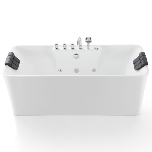 Empava 59" Freestanding Whirlpool Bathtub Rectangular with 8 Hydromassage Adjustable Water Jets Luxury Acrylic Massage SPA Soaking Bath Tub in White Double Ended