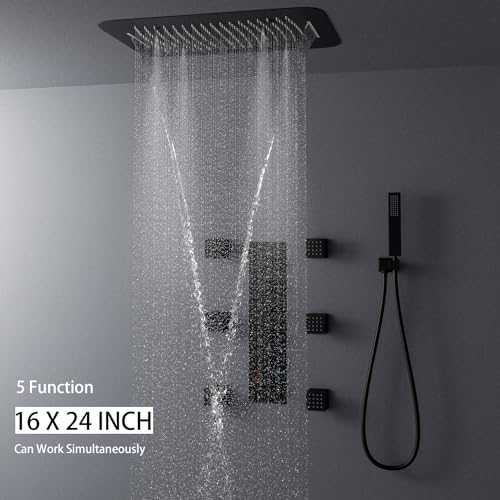 WHSHOWER Shower System Matte Black Ceiling Shower Faucet Set with 6PCS Body Jets, 5-Function Bathroom Modern Luxury Thermostatic Shower Fixtures,16*24 Inch Shower Head【All Functions Simultaneous Use】