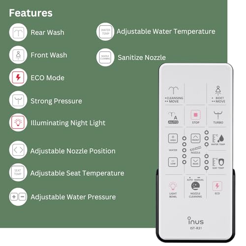 Inus R31 Electric Heated Bidet Toilet Seat Elongated, Warm Water, Smart Heated Water Luxury Bidet Toilet Seat with Remote Control, Night Light, Self-Cleaning Nozzle, Tankless & Temperature Control