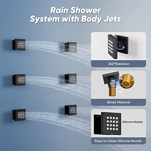 Doozoler Thermostatic Shower System, Full Body shower syetem with Body Jets, 23 Inch Rainfall Waterfall Overhead Shower System in Matte Black