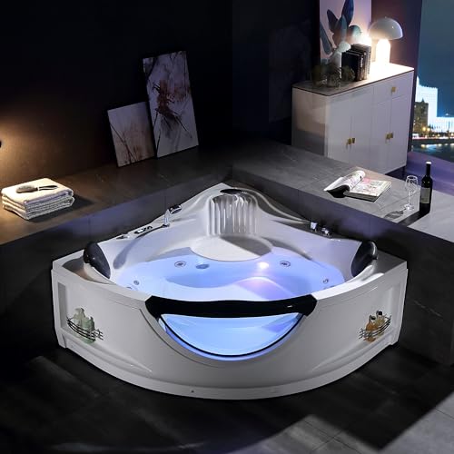 Corner Whirlpool Bathtub with Heater,Empava 2 Person Jetted Tub with Light,59" Spa Hydromassage with Chromatherapy,Acrylic,White, 59JT319