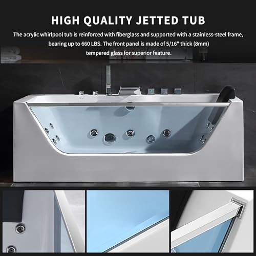 Empava 67" Center Drain Acrylic Rectangular 3-wall Alcove Whirlpool Bathtub in White
