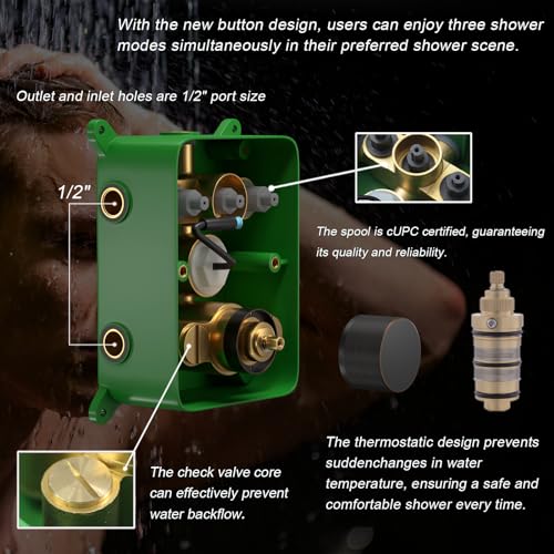 KATAIS Temperature Display Oil Rubbed Bronze Shower Faucet Set LED 12 inch Full Body Rainfall Thermostatic Shower System with 6 PCS Body Jets, Handheld Spray(3 Modes Can Run Together)