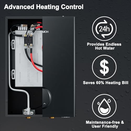 Tankless Hot Water Heater Electric, 240V ECOTOUCH 24kW On Demand Instant Point of Use Endless Smart Water Heater with Self-Modulating to Save Energy for Whole House Shower ECO240 Black