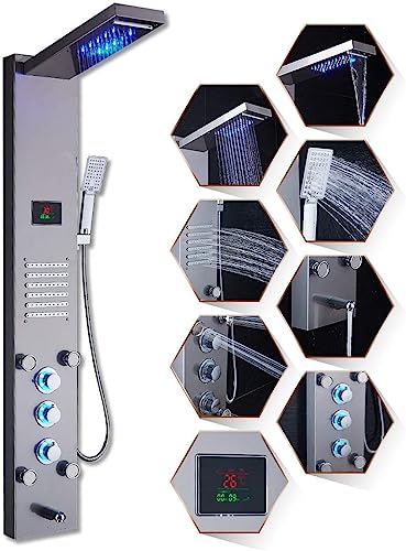 ELLO&ALLO LED Rainfall Waterfall Shower Head Rain Massage System with Body Jets, Stainless Steel Bathroom Shower Panel Tower System, Brushed Nickel