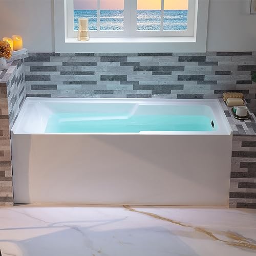 WOODBRIDGE 60" Acrylic Rectangular Alcove Soaking Bathtub in White with Right Drain, Matte Black Pop-Up Drain Included BA6030R
