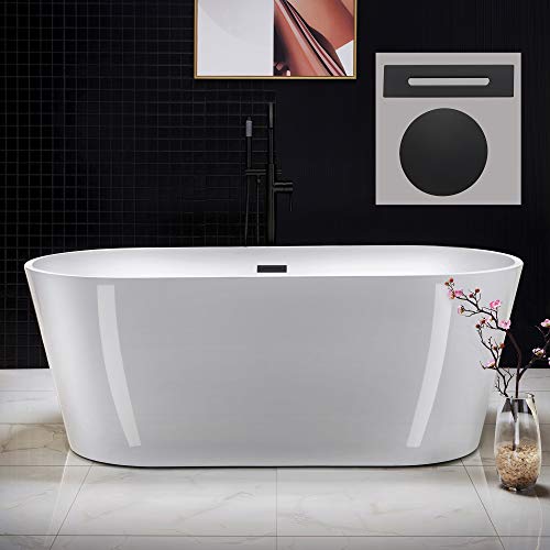 WOODBRIDGE 67" Acrylic Freestanding Bathtub Contemporary Soaking White Tub with Matte Black Overflow and Drain，B0013-MB