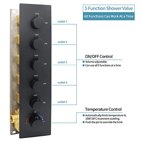 WHSHOWER Shower System Matte Black Ceiling Shower Faucet Set with 6PCS Body Jets, 5-Function Bathroom Modern Luxury Thermostatic Shower Fixtures,16*24 Inch Shower Head【All Functions Simultaneous Use】