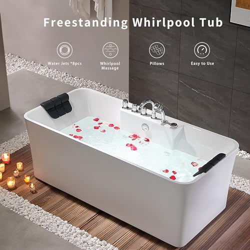 Empava 59" Freestanding Whirlpool Bathtub Rectangular with 8 Hydromassage Adjustable Water Jets Luxury Acrylic Massage SPA Soaking Bath Tub in White Double Ended