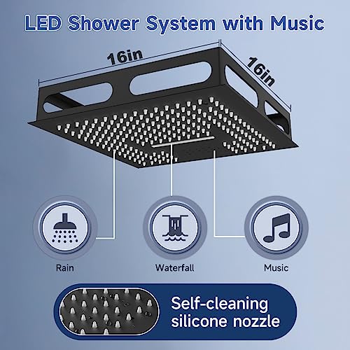 Thermostatic Rain Shower System, BZXYN Luxury Multi Shower Head System with Body Jets, 16" Ceiling Full Body Rainfall Waterfall Shower System with Handheld and Tub Spout, 64 Colors LED Light, Music