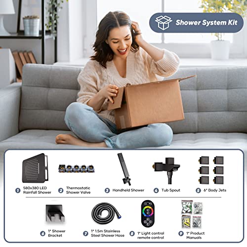 Doozoler Thermostatic Shower System, Full Body shower syetem with Body Jets, 23 Inch Rainfall Waterfall Overhead Shower System in Matte Black