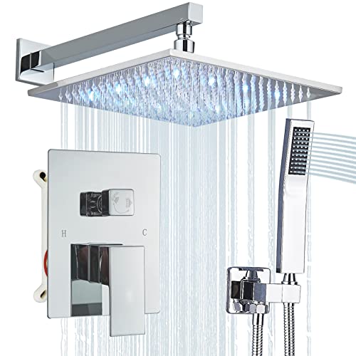 Saeuwtowy 12 Inches LED Shower Head with Brass Handheld Shower Head Shower System Luxury Shower Faucets Sets Complete Shower Combo Set Rough-in Valve Body and Trim Kit Included 1