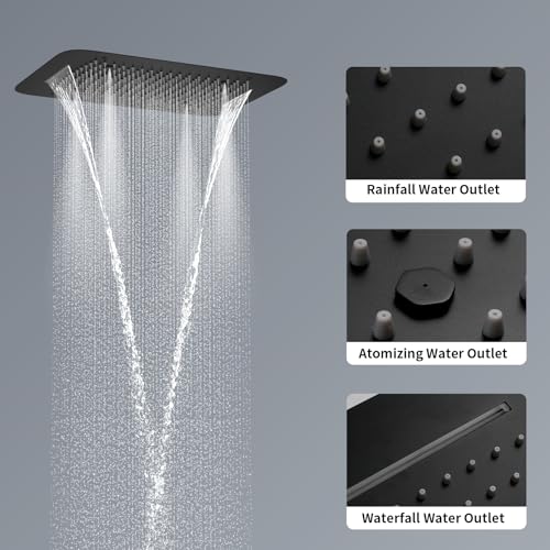 WHSHOWER Shower System Matte Black Ceiling Shower Faucet Set with 6PCS Body Jets, 5-Function Bathroom Modern Luxury Thermostatic Shower Fixtures,16*24 Inch Shower Head【All Functions Simultaneous Use】