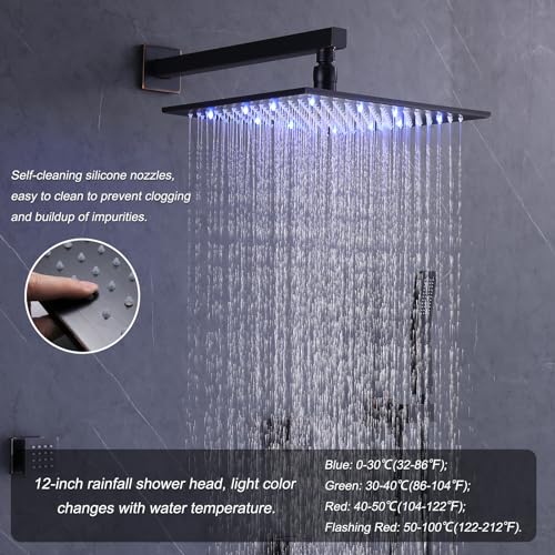 KATAIS Temperature Display Oil Rubbed Bronze Shower Faucet Set LED 12 inch Full Body Rainfall Thermostatic Shower System with 6 PCS Body Jets, Handheld Spray(3 Modes Can Run Together)