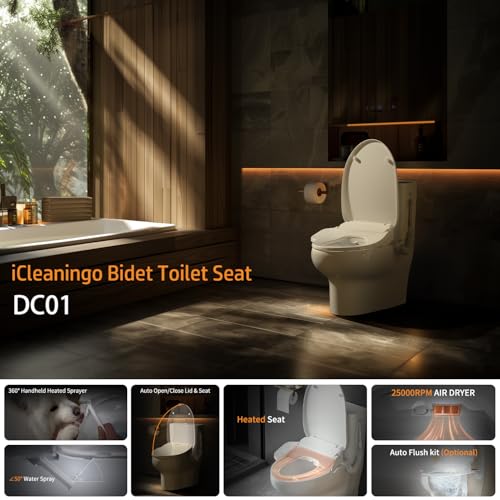 iCleaningo DC01 Bidet Attachment For Toilet Warm Water,iCleaningo Bidet Toilet Seat With Auto Open/Close Lid,Heated Bidet Seat,Air Dryer,Instant Warm Water,Vortex Sprayer, Auto Nightlight,Elongated