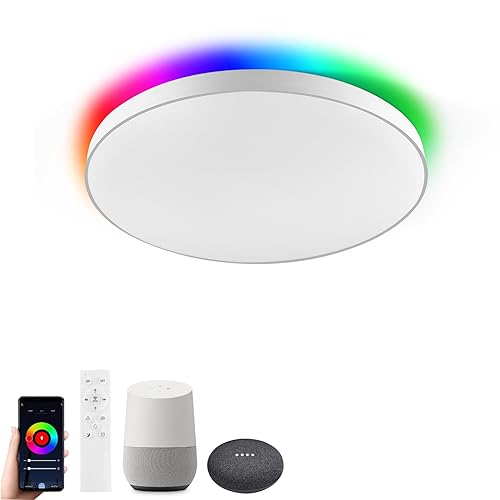 HOREVO LED Smart Ceiling Light, 28W Flush Mount Ceiling Light Compatible with Alexa Google Home, Back RGB Color Changing Ceiling Light, Dimmable Ceiling Light for Bedroom, Kitchen, Living Room