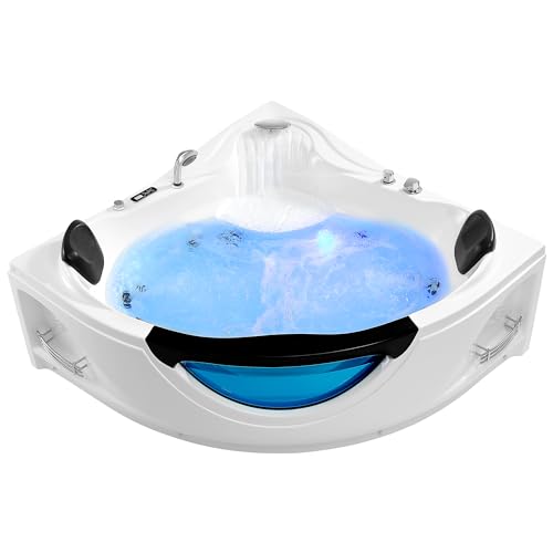 Corner Whirlpool Tub,Empava 2 Person Whirlpool Bathtub,Corner Jetted Bathtub with Heater,Corner Jetted Tub with Light,Spa Bath tub with 10 Jets,Hydro Massage Tub with Chromatherapy,LED Control Panel