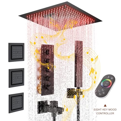 MONDAWE 64-Color Thermostatic Rain Shower System with Body Jets, 16 Inch Flush-Mounted Waterfall Shower Faucet Set with Smart LED Light & Bluetooth Music, Matte Black