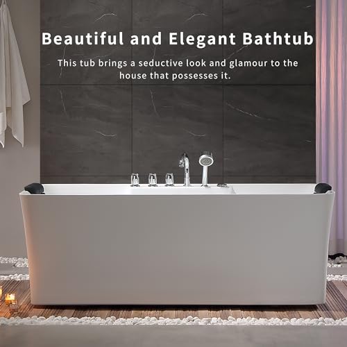 Empava 59" Freestanding Whirlpool Bathtub Rectangular with 8 Hydromassage Adjustable Water Jets Luxury Acrylic Massage SPA Soaking Bath Tub in White Double Ended