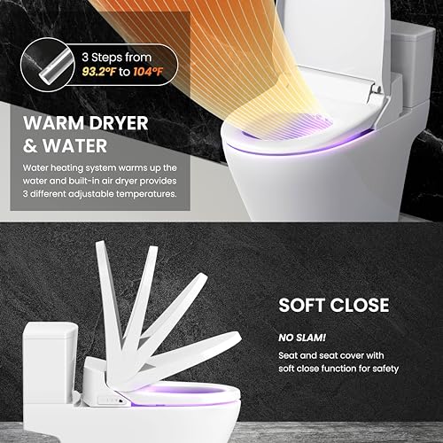 VOVO VB-6000SE Electric Smart Bidet Toilet Seat with Dryer, Heated Toilet Seat, Warm Water, Full Stainless-steel Nozzle - White, Elongated