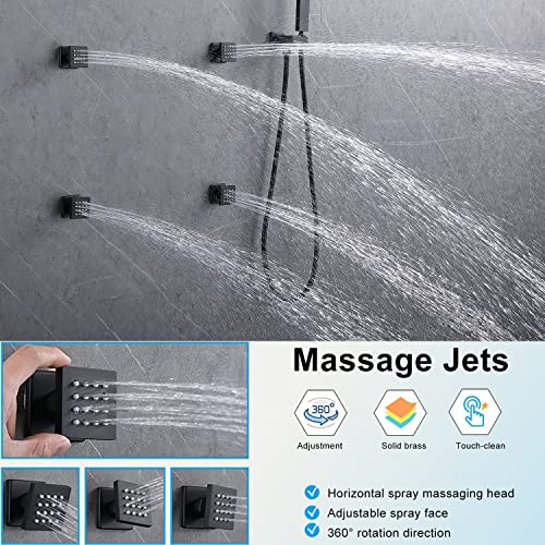 WHSHOWER Shower System Matte Black Ceiling Shower Faucet Set with 6PCS Body Jets, 5-Function Bathroom Modern Luxury Thermostatic Shower Fixtures,16*24 Inch Shower Head【All Functions Simultaneous Use】