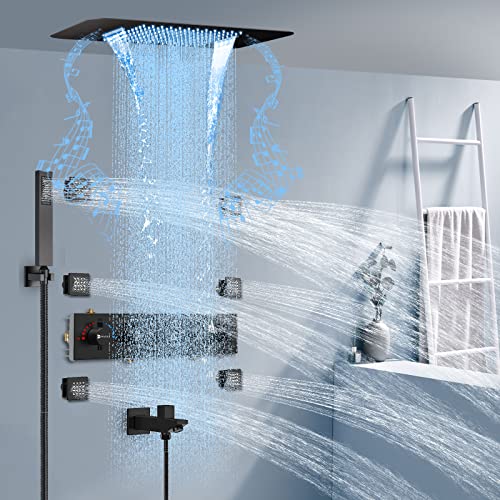Doozoler Thermostatic Shower System, Full Body shower syetem with Body Jets, 23 Inch Rainfall Waterfall Overhead Shower System in Matte Black