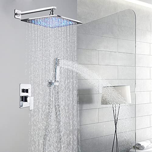 Saeuwtowy 12 Inches LED Shower Head with Brass Handheld Shower Head Shower System Luxury Shower Faucets Sets Complete Shower Combo Set Rough-in Valve Body and Trim Kit Included 1