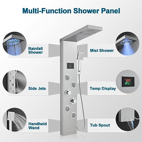 ROVOGO Led Shower Panel Tower System No Battery Needed, Rainfall & Mist Shower Head, Body Jets, Handheld, Tub Spout and Temp Display, Shower Column Stainless Steel Brushed