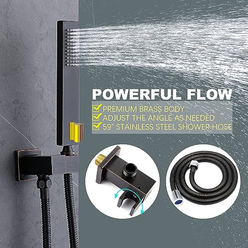 KATAIS Temperature Display Oil Rubbed Bronze Shower Faucet Set LED 12 inch Full Body Rainfall Thermostatic Shower System with 6 PCS Body Jets, Handheld Spray(3 Modes Can Run Together)